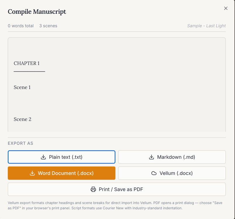 AuthorsDrop compile window offering print, Word, PDF and ebook export choices