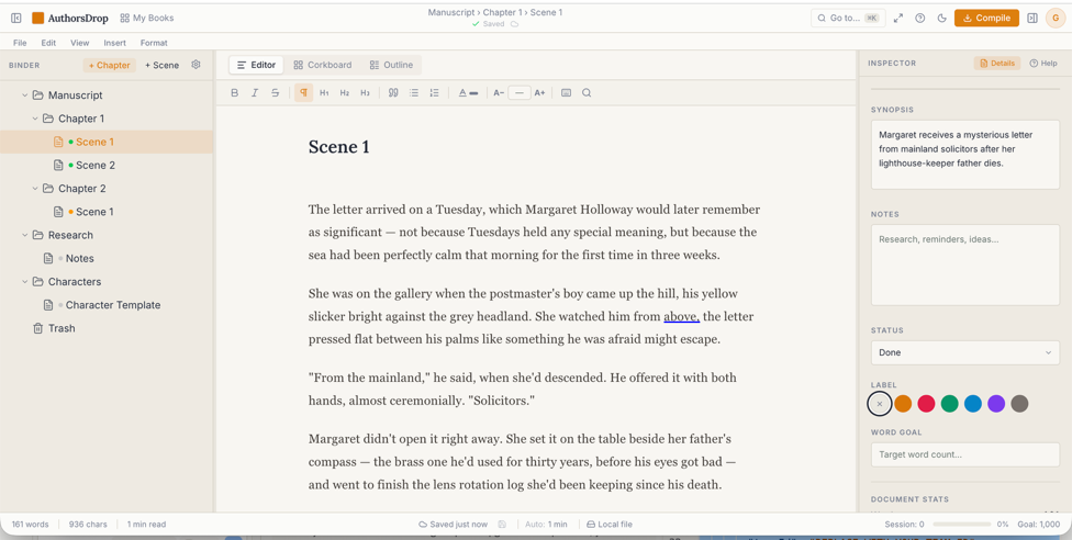 AuthorsDrop writing editor with the manuscript binder on the left and notes inspector on the right