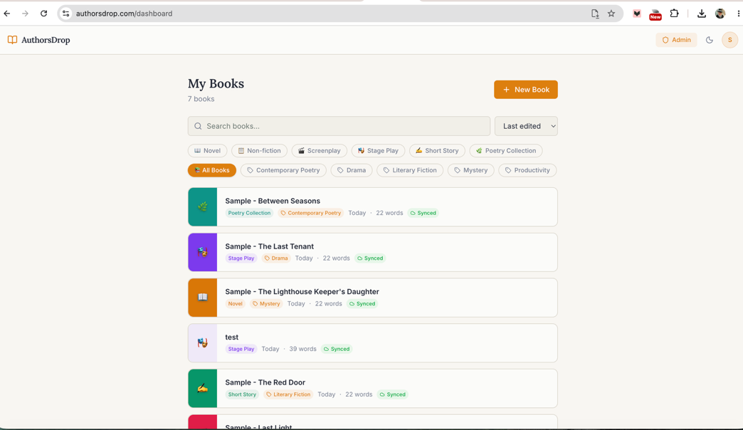 AuthorsDrop project library showing several books together in one organised workspace